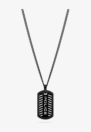 Schwarzes Metall-Halskettenanhänger mit ausgeschnittenem Schriftzug "POLICE" an einer schwarzen Kette vor weißem Hintergrund.