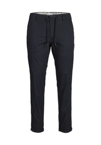 Pantalons noirs en tissu léger, avec une taille élastique à cordon de serrage, une fermeture à bouton à l'avant et des poignets retroussés.