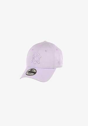 Lavender baseball cap made of cotton, featuring an embroidered NY logo in a matching color, curved brim, and adjustable strap at the back.