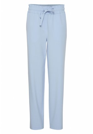 Pantalones tapered de color azul claro con cintura elástica y cordón de ajuste. Hechos de una tela suave y lisa sin patrones o acentos visibles.