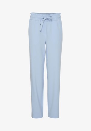 Svijetloplave tapered hlače s elastičnim pojasom i vezicom. Napravljenje su od glatkoga, mekog materijala bez vidljivih uzoraka ili akcenta.