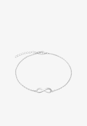 Zilveren armband met een infinity-symbool als middelpunt, een gladde textuur, voorzien van een sluiting en verstelbare lengte.