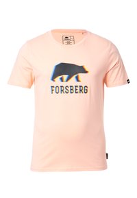 Lichtroze T-shirt met korte mouwen van katoen, voorzien van een zwarte berenafbeelding en de tekst "FORSBERG" in kleurrijke, 3D-stijl letters.