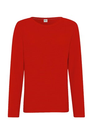 Roter Pullover mit langen Ärmeln, rundem Ausschnitt und subtiler horizontal gerippter Struktur.