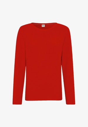 Roter Pullover mit langen Ärmeln, rundem Ausschnitt und subtiler horizontal gerippter Struktur.