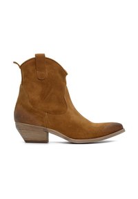 Stivali alla caviglia in suede marrone con punta affusolata, linguetta e tacco in legno impilato. Texture liscia e dettagli di cucitura minimi.