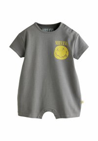 Bodysuit en coton gris à manches courtes, avec un logo Nirvana jaune et un graphique de smiley. Fermetures à pressions en bas pour un changement facile.