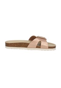 Schlappen-Sandale mit einem Obermaterial aus synthetischem Roségold, Korkfußbett und weißer Gummi-Sohle. Verfügt über zwei breite Riemen und eine dekorative Schnalle.