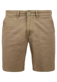 Pantalones cortos color beige hechos de una mezcla de algodón, con una textura suave, cierre de botón y bolsillos estándar.