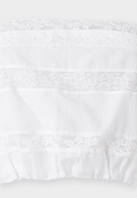 White cotton pillowcase with lace trim, featuring horizontal lace patterns and a ruffled edge at the bottom. Soft texture, plain design.