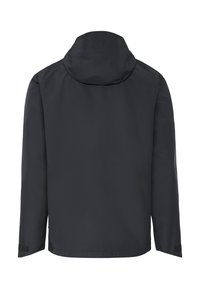 Schwarze wasserdichte Jacke mit Kapuze, langen Ärmeln und verstellbaren Handgelenkriemen, Rückansicht auf weißem Hintergrund.