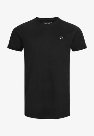 T-shirt noir à manches courtes en coton, avec un col rond et un petit design graphique blanc sur la poitrine. Texture lisse, coupe décontractée.