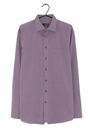 Camicia a maniche lunghe viola con design a bottoni, colletto, tasca frontale e bottoni neri. Tessuto morbido con una sottile texture.