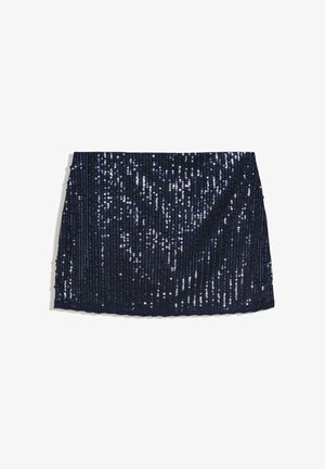 Marineblauer Minirock mit vertikalen Reihen glänzender Pailletten, die eine funkelnde, strukturierte Oberfläche erzeugen.