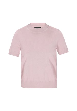 Krátky rukáv, pulóver s klasickým výstrihom v svetloružovej farbe. Mäkká pletená textúra s rebrovanými manžetami a lemom. Jednoduchý, minimalistický dizajn bez vzorov alebo doplnkov.