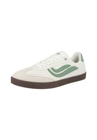 Sneaker bianco con dettagli verdi, realizzato in pelle liscia e suede. Presenta una suola in gomma marrone testurizzata e dettagli perforati sui lati.