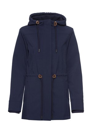 Navy blue hooded jacket with drawstrings, featuring a zip front, elastic cuffs, and two waist pockets. Smooth, water-resistant fabric.