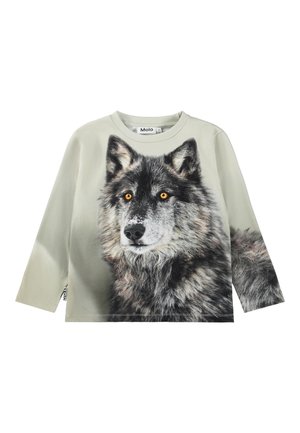 Chemise gris clair à manches longues avec une grande impression détaillée du visage et du haut du corps d'un loup avec des yeux jaunes vifs à l'avant.