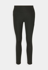 Leggings neri realizzati in tessuto elastico e liscio; vita alta, design aderente e senza pattern visibili o dettagli hardware.