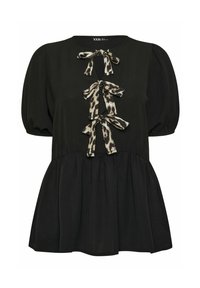 Top nero a maniche corte con scollatura rotonda, caratterizzato da tre nastri a stampa leopardata legati davanti e un orlo peplum arricciato.