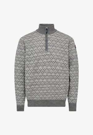 Grå zip-up sweater med et geometrisk mønster i lysere grå, ribbet krave og ærmer, samt en ensfarvet grå søm.