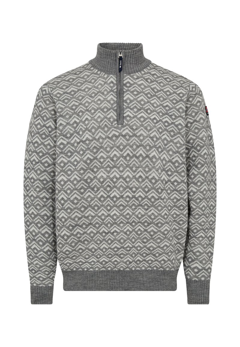 Grå zip-up sweater med et geometrisk mønster i lysere grå, ribbet krave og ærmer, samt en ensfarvet grå søm.