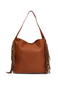 Bolso de cuero marrón con una superficie suave y texturizada y largos flecos en un lado. Cuenta con una sola correa para el hombro y una parte superior abierta.