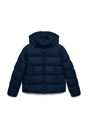 Giacca imbottita blu navy con cappuccio, dotata di chiusura frontale con zip e due tasche laterali con zip. Realizzata in materiale liscio e isolante.