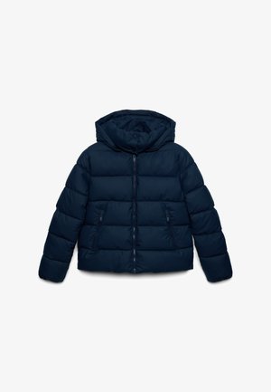 Giacca imbottita blu navy con cappuccio, dotata di chiusura frontale con zip e due tasche laterali con zip. Realizzata in materiale liscio e isolante.