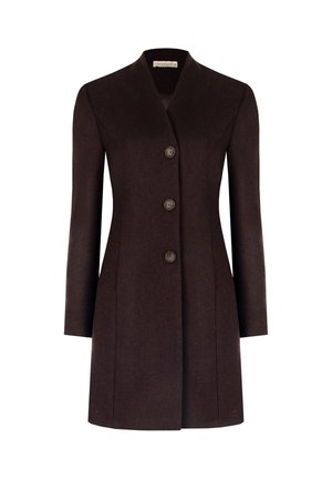 Cappotto tailor-made marrone scuro con colletto a V e tre grandi bottoni frontali, dotato di maniche lunghe e orlo dritto.