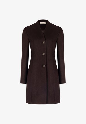 Manteau ajusté marron foncé avec un col en V et trois grands boutons sur le devant, doté de manches longues et d'un ourlet droit.