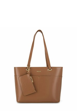 Braune Ledertasche mit zwei Schulterriemen, einer kleinen angebrachten Reißverschlusstasche und goldenem MEXX-Markenlogo auf der Vorderseite.