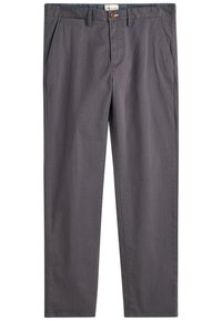 Pantalon gris droit pour homme avec passants de ceinture, poches latérales et fermeture à bouton à la taille.
