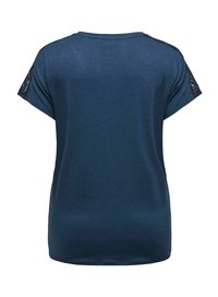 Navy blue t-shirt with a smooth texture, featuring short sleeves and lace accents on the shoulder. Simple, relaxed fit design.