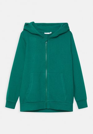 Grüner Kapuzenpullover mit durchgehendem Reißverschluss vorne, zwei Taschen, langen Ärmeln sowie gerippten Bündchen und Saum.