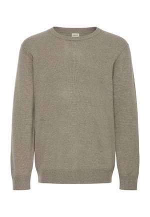 Lys grå genser i myk strikket stoff, med rund hals, lange ermer, og ribbestrikkede mansjetter og kant. Enkel, allsidig design.