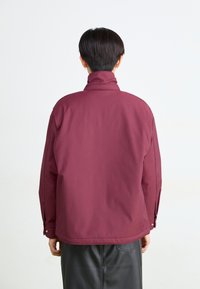 Bordeauxjack met hoge kraag, lange mouwen en drukknoopmanchetten. Glad materiaal zonder zichtbare patronen of accenten.