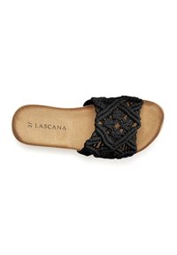 Infradito nere con design a fascia intrecciata. Suola piatta con interno beige, con il nome del marchio "LASCANA" e la taglia "37" impressi.