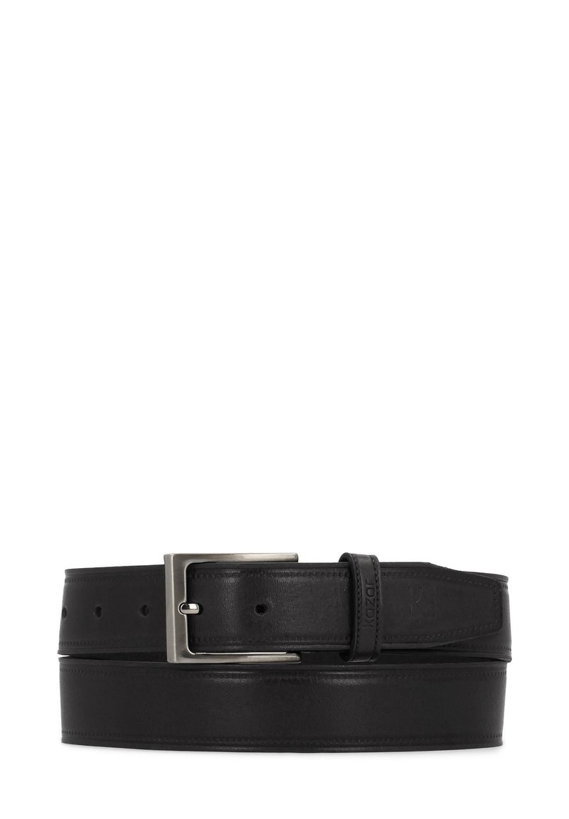 Cinturón de cuero negro con hebilla rectangular de metal plateado, textura lisa, diseño plano y varios agujeros para ajustar la talla.