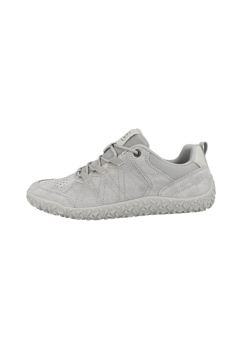 Gray athletic shoe with a suede and mesh upper, textured grip sole, and lace-up design. Features subtle stitching and minimal accents.