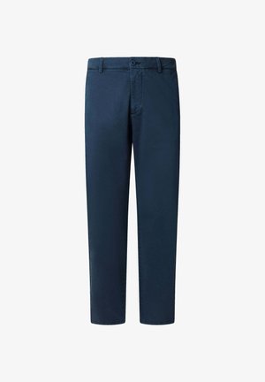 Chinos de color navy hechos de una mezcla de algodón, con un diseño de pierna recta, cierre frontal con botón y bolsillos laterales con detalles de costura mínimos.