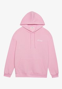 Felpa rosa realizzata in un tessuto morbido, con tasca frontale, cappuccio con cordino e la scritta "LATE NIGHT" ricamata in bianco.