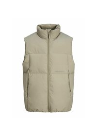 Beige polsterēta veste ar augstu apkakli, priekšējo rāvējslēdzēju un divām lielām sānu kabatām. Iezīmē gludu tekstūru un nelielu spīdumu.