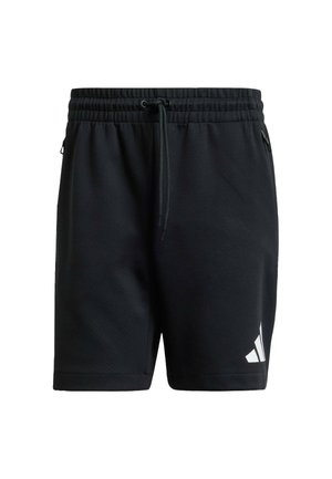 Svarta träningsshorts med dragsko i midjan, utrustade med texturerad väv, sidofickor och en vit logopunkt på den nedre vänstra sidan.
