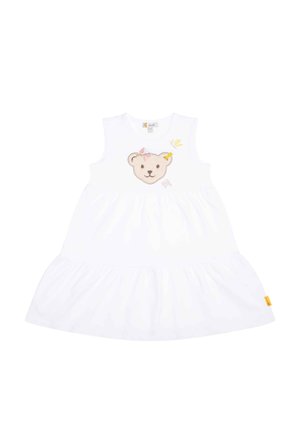 White sleeveless dress with a gathered skirt, featuring a bear face appliqué and butterfly designs in pink and yellow accents.