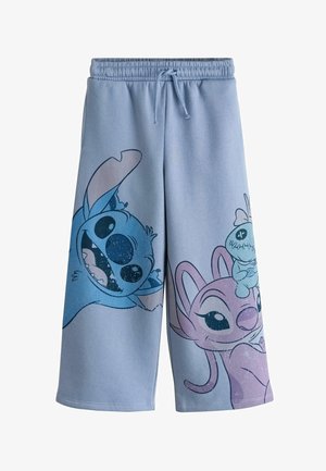 Lyseblå shorts med store trykte figurer Stitch og Angel fra Disneys Lilo & Stitch, med elastik i taljen og snøre.