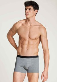 Grijze katoenen trunkonderbroek met een zwarte elastische tailleband. Het ontwerp heeft een getailleerde pasvorm en een gladde, zachte textuur.