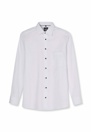 Weißes Herrenhemd mit langen Ärmeln, schwarzen Knöpfen, Brusttasche und klassischem Kragen, dargestellt vor weißem Hintergrund.