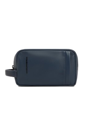 Rectangular navy blue leather toiletry bag with side handle and vertical black logo on front, set against a white background.