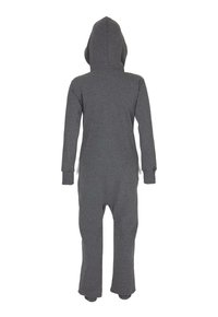 Grijze hoodie onesie van zacht stof, met lange mouwen, een ontspannen pasvorm en elastische boorden. Inclusief zijzakken en voetjes.
